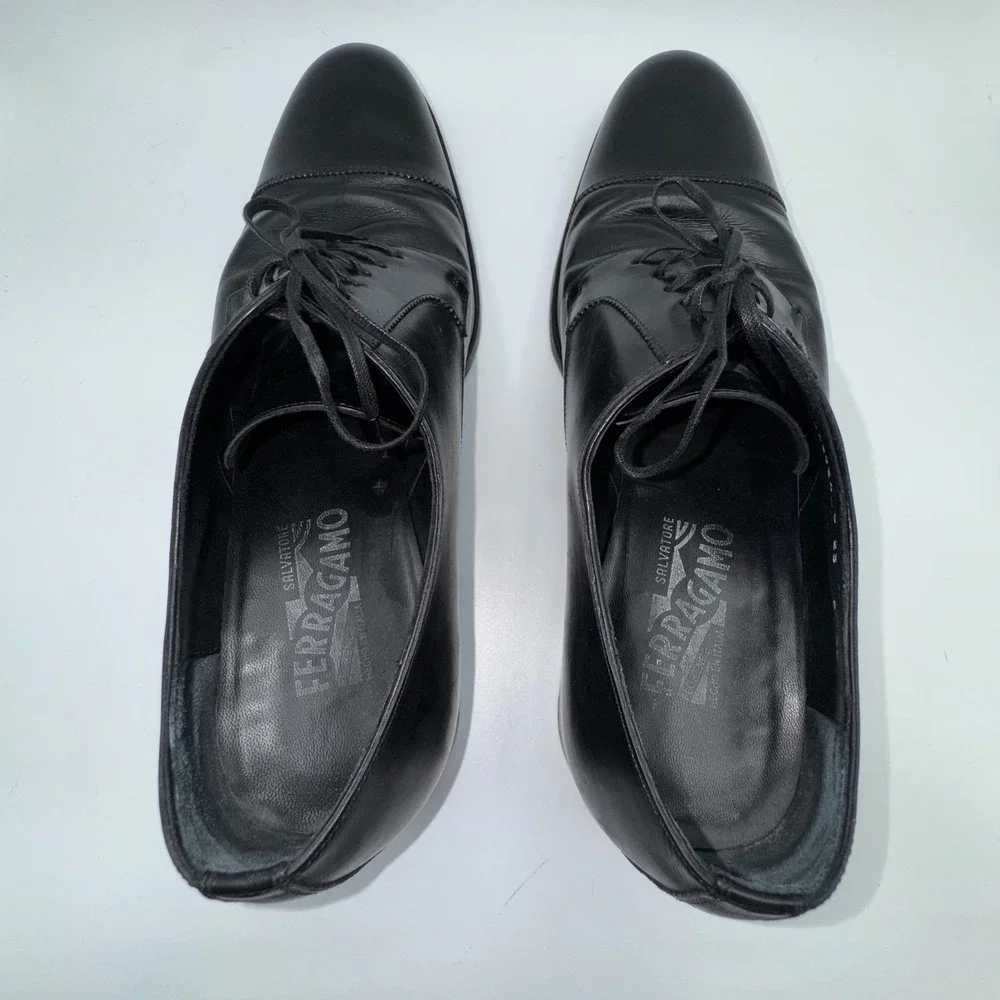 Salvatore Ferragamo Mens Oxford 9 Wide Black Leather Cap Toe Lace Up Dress Shoes